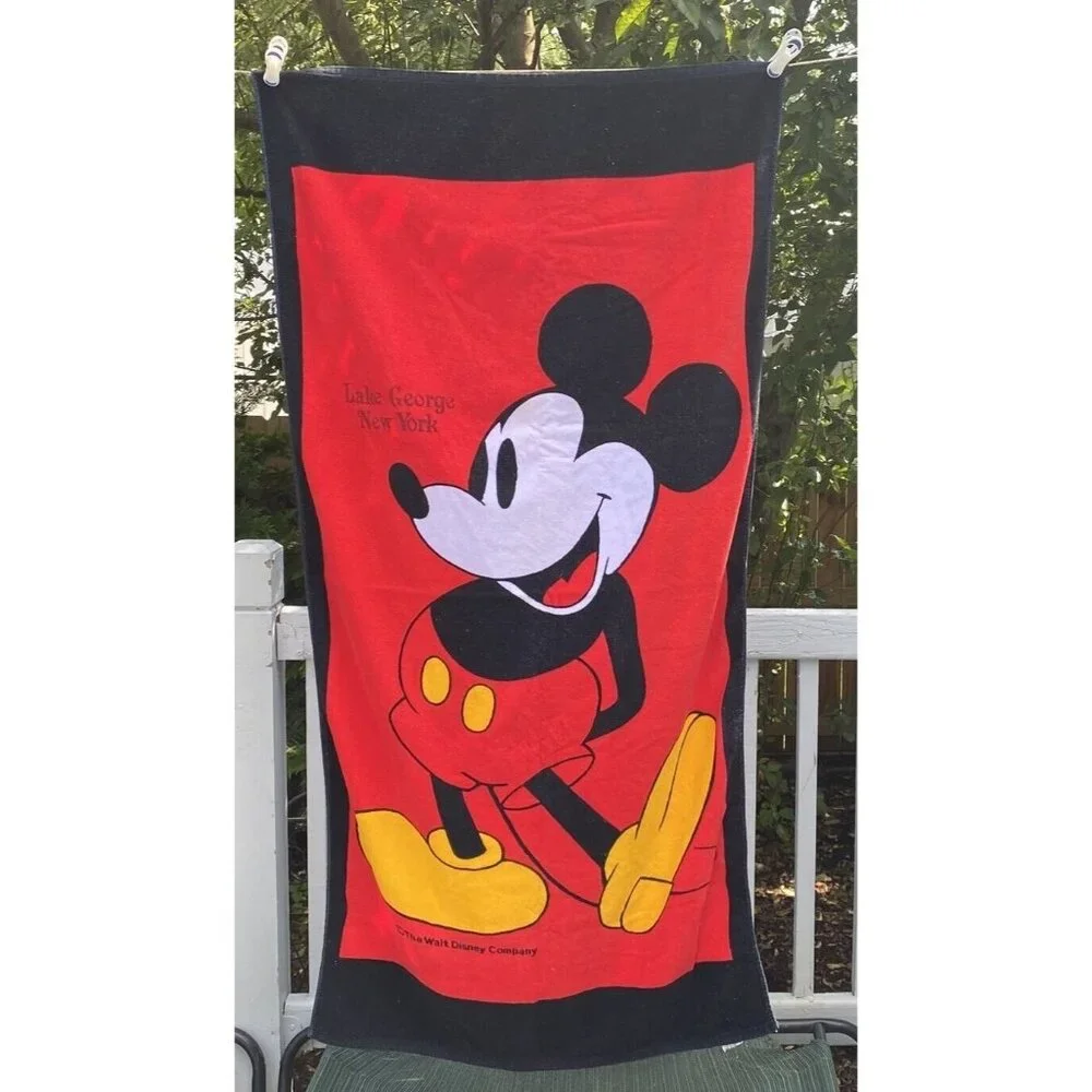 Vintage Sherry of Miami Beach Towel Mickey Mouse Disney Black Red Lake George NY